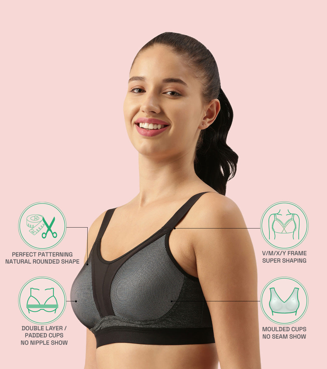 Enamor Innovations Y-panel Bounce Control, Agion Scent Protect ,Women's Sports Bra - High-Impact, Padded, Wirefree, Full Coverage - SB25 (Grey Melange)