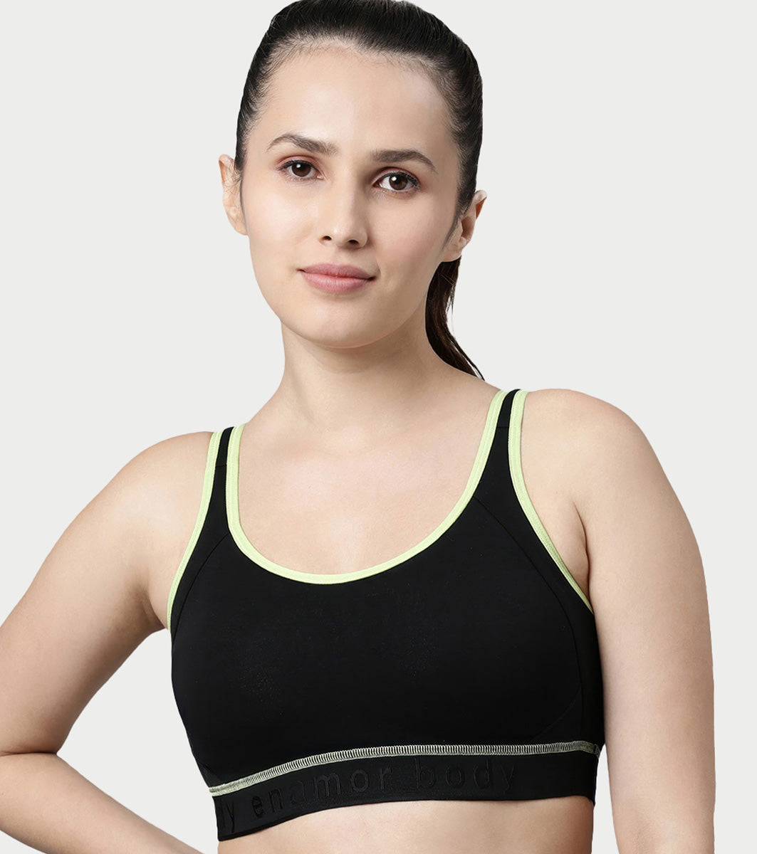 Enamor Innovations Antimicrobial, Side Shaper, Women's Cotton Medium Impact Sports Bra - Fixed cup, Non-Padded, Wirefree, High Coverage - SB28 (Black)