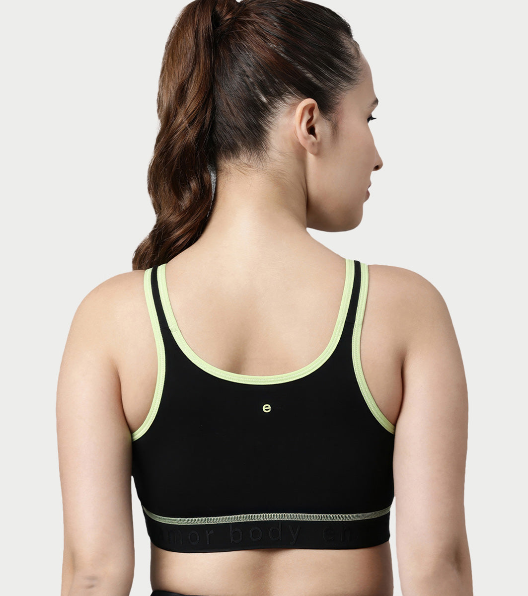 Enamor Innovations Antimicrobial, Side Shaper, Women's Cotton Medium Impact Sports Bra - Fixed cup, Non-Padded, Wirefree, High Coverage - SB28 (Black)