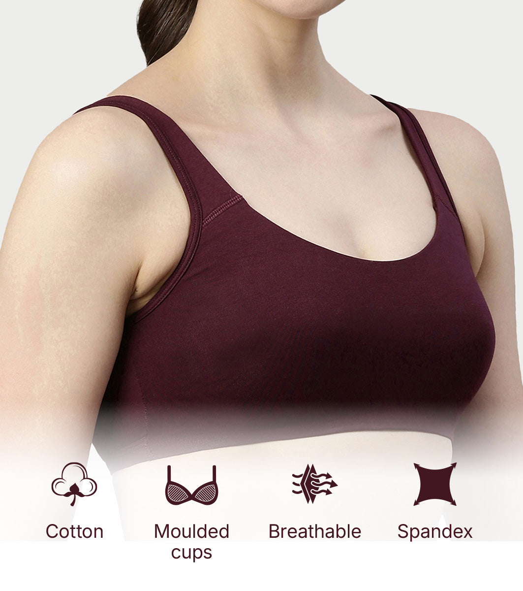 Enamor Low Impact Women's Cotton Everyday Sports Bra - All Day Comfort, Non Padded, Wirefree, High Coverage - SB06 (Grapewine)
