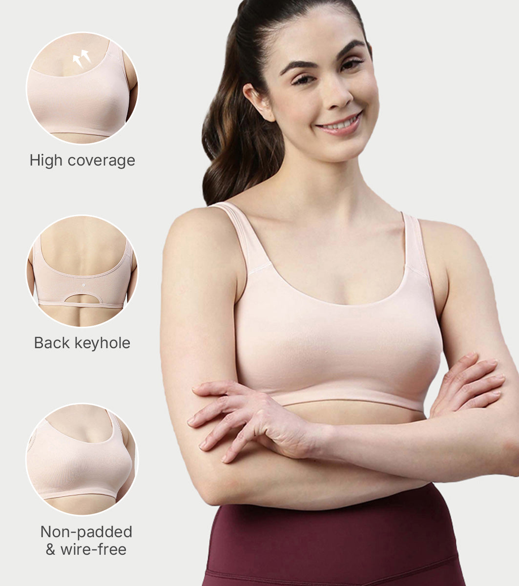 Enamor Innovations Antimicrobial, Side Shaper, Women's Cotton Medium Impact Sports Bra - Fixed cup, Non-Padded, Wirefree, High Coverage - SB28 (Parfait Pink)