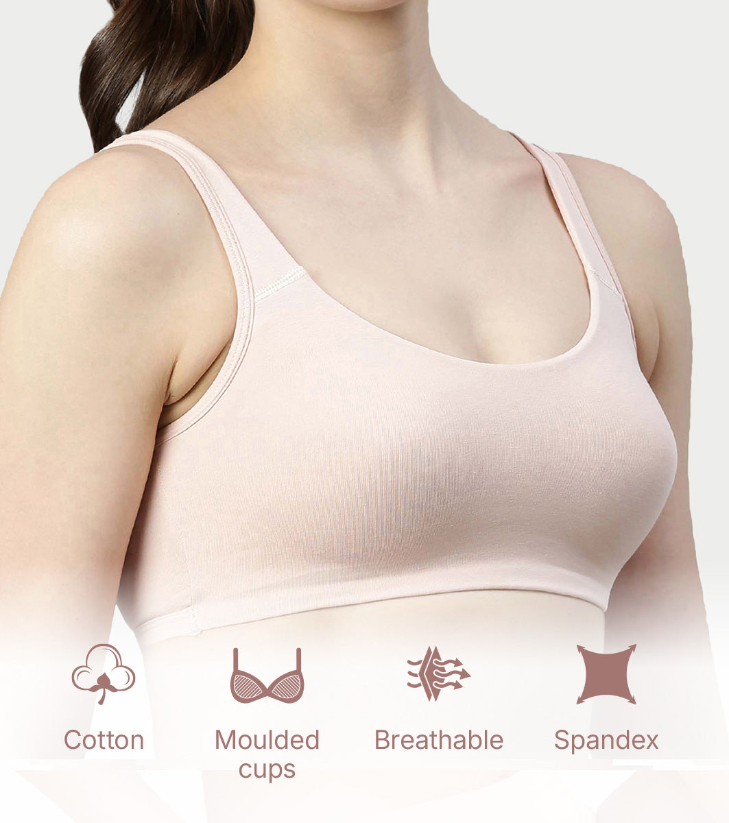 Enamor Innovations Antimicrobial, Side Shaper, Women's Cotton Medium Impact Sports Bra - Fixed cup, Non-Padded, Wirefree, High Coverage - SB28 (Parfait Pink)