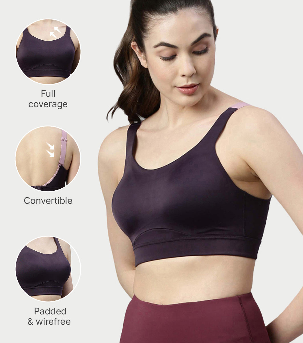 Enamor Innovations Fab-fresh Breathable cup, Women's High Impact Sports Bra - Convertible, Padded, Wirefree, Full Coverage - SB18 (Night Shade)