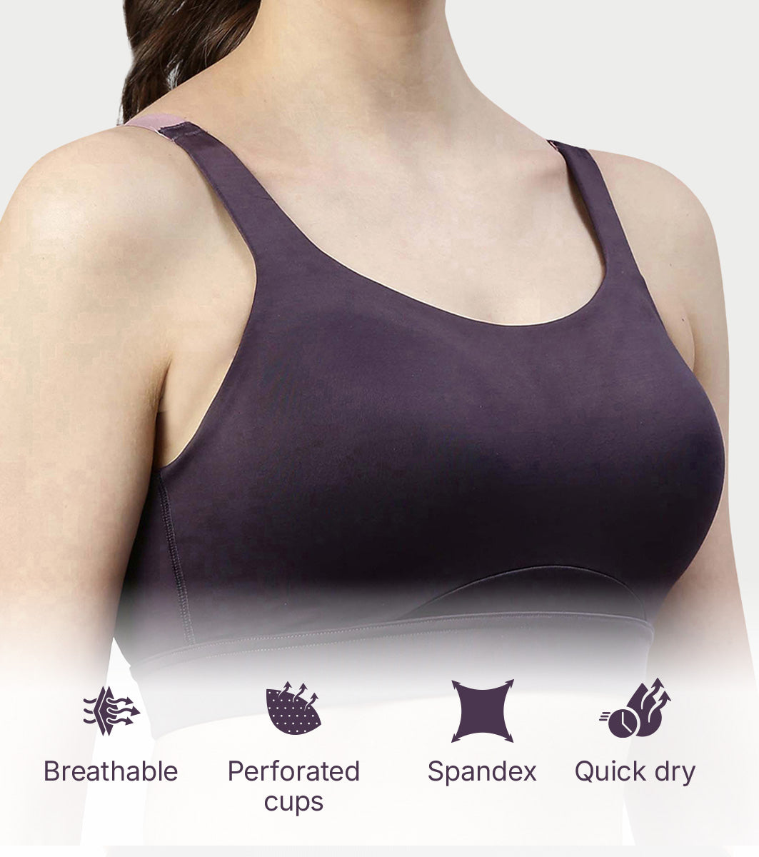 Enamor Innovations Fab-fresh Breathable cup, Women's High Impact Sports Bra - Convertible, Padded, Wirefree, Full Coverage - SB18 (Night Shade)