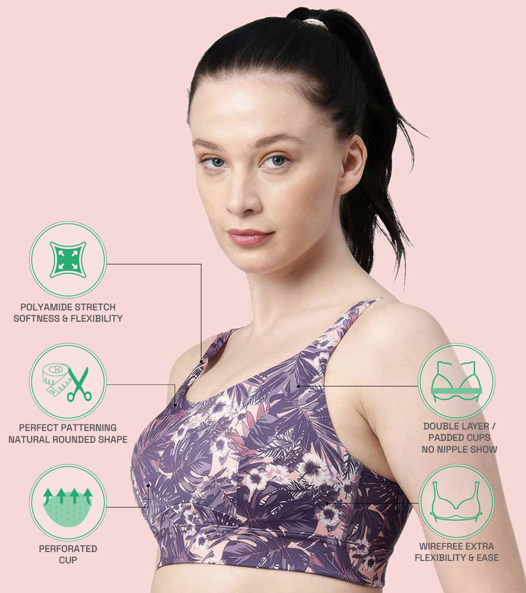 Enamor Innovations Fab-fresh Breathable cup, Women's High Impact Sports Bra - Convertible, Padded, Wirefree, Full Coverage - SB18 (Lilac Run)