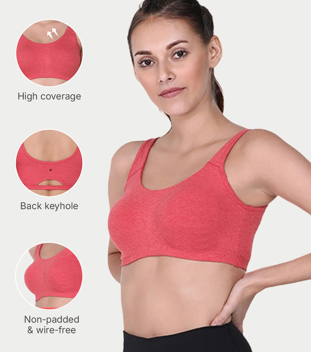 Enamor Low Impact Women's Cotton Everyday Sports Bra - All Day Comfort, Non Padded, Wirefree, High Coverage - SB06 (Tomato Melange)