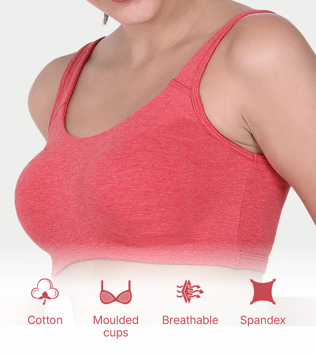 Enamor Low Impact Women's Cotton Everyday Sports Bra - All Day Comfort, Non Padded, Wirefree, High Coverage - SB06 (Tomato Melange)