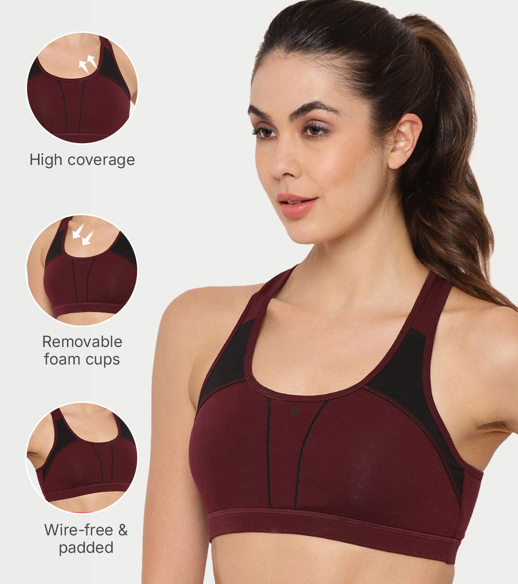 Enamor Innovations Fab-fresh Breathable cup, Women's High Impact Sports Bra - Convertible, Padded, Wirefree, Full Coverage - SB18 (Black)