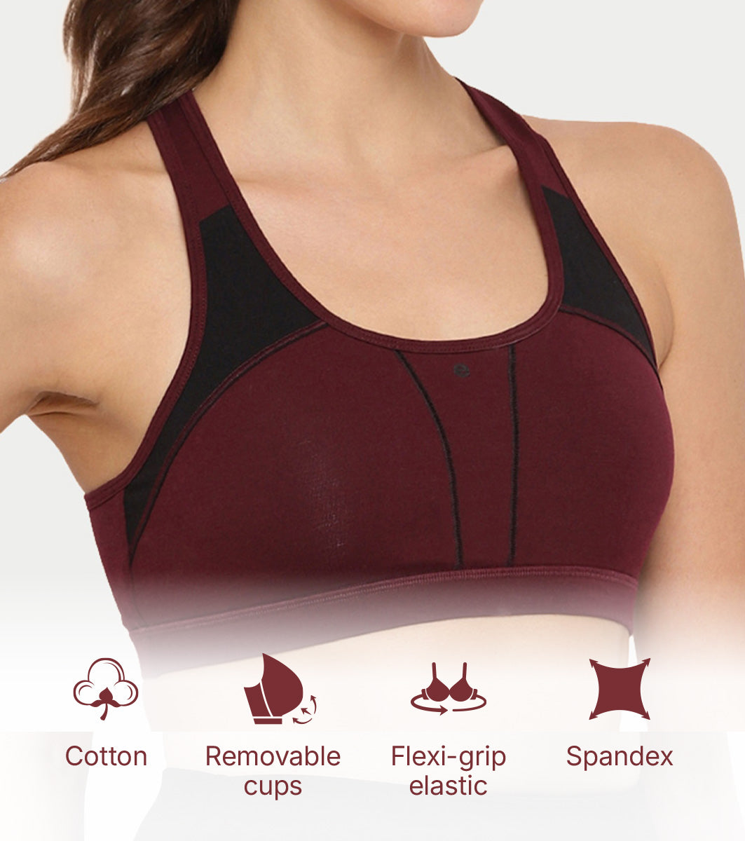 Enamor Innovations Fab-fresh Breathable cup, Women's High Impact Sports Bra - Convertible, Padded, Wirefree, Full Coverage - SB18 (Black)