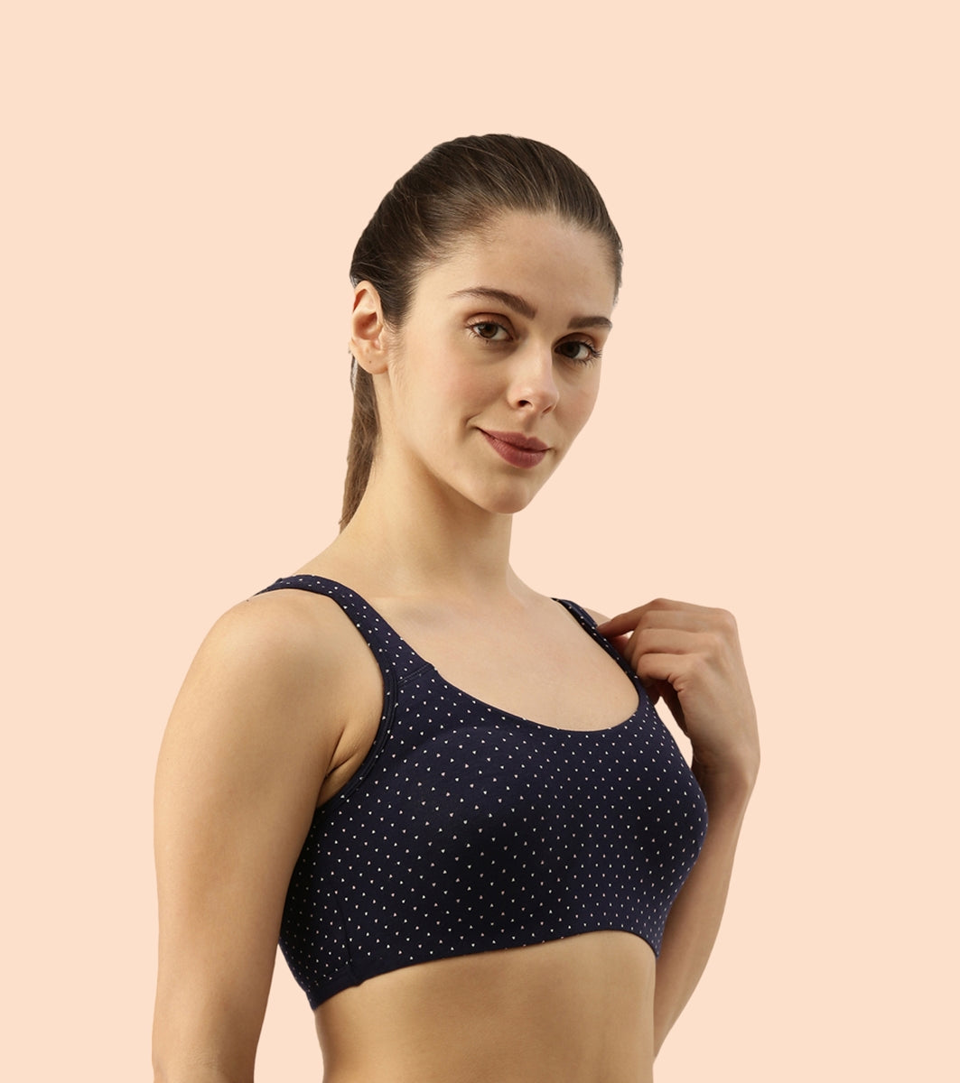 Enamor Low Impact Women's Cotton Everyday Sports Bra - All Day Comfort, Non Padded, Wirefree, High Coverage - SB06 (Ditsy Heart Print)