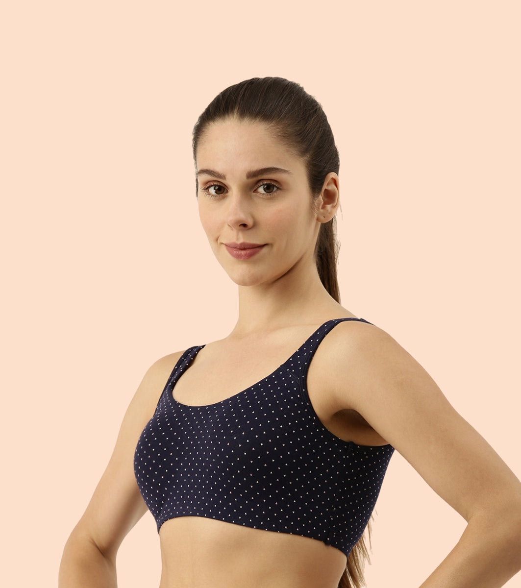 Enamor Low Impact Women's Cotton Everyday Sports Bra - All Day Comfort, Non Padded, Wirefree, High Coverage - SB06 (Ditsy Heart Print)
