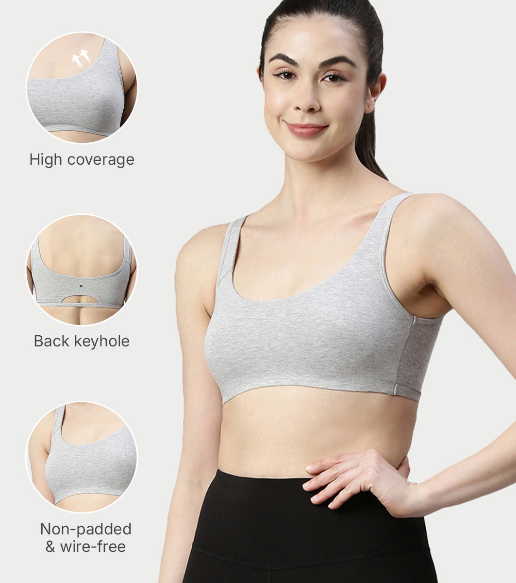 Enamor Low Impact Women's Cotton Everyday Sports Bra - All Day Comfort, Non Padded, Wirefree, High Coverage - SB06 (Greymelange)