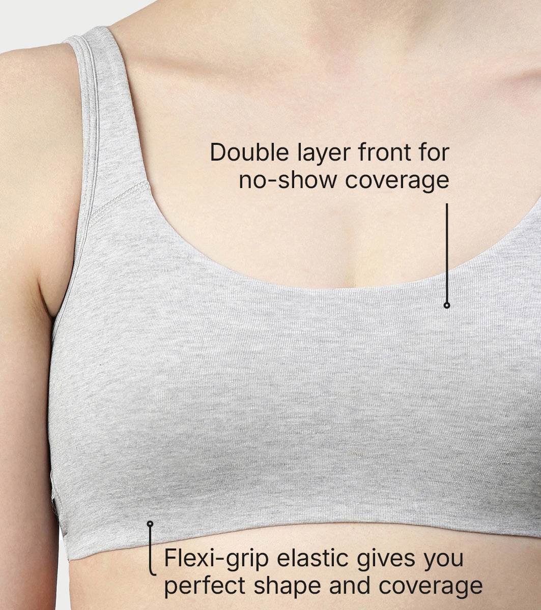 Enamor Low Impact Women's Cotton Everyday Sports Bra - All Day Comfort, Non Padded, Wirefree, High Coverage - SB06 (Greymelange)