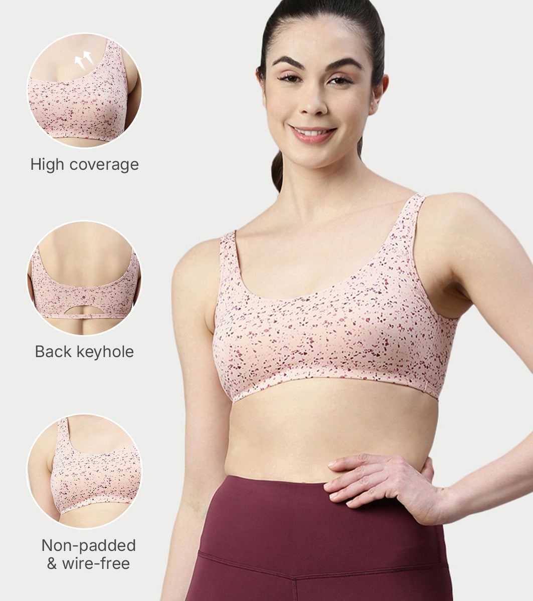 Enamor Low Impact Women's Cotton Everyday Sports Bra - All Day Comfort, Non Padded, Wirefree, High Coverage - SB06 (Marble Flake Print)
