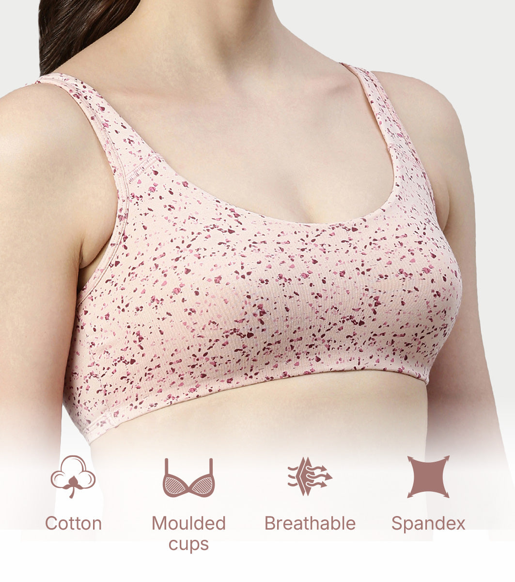 Enamor Low Impact Women's Cotton Everyday Sports Bra - All Day Comfort, Non Padded, Wirefree, High Coverage - SB06 (Marble Flake Print)