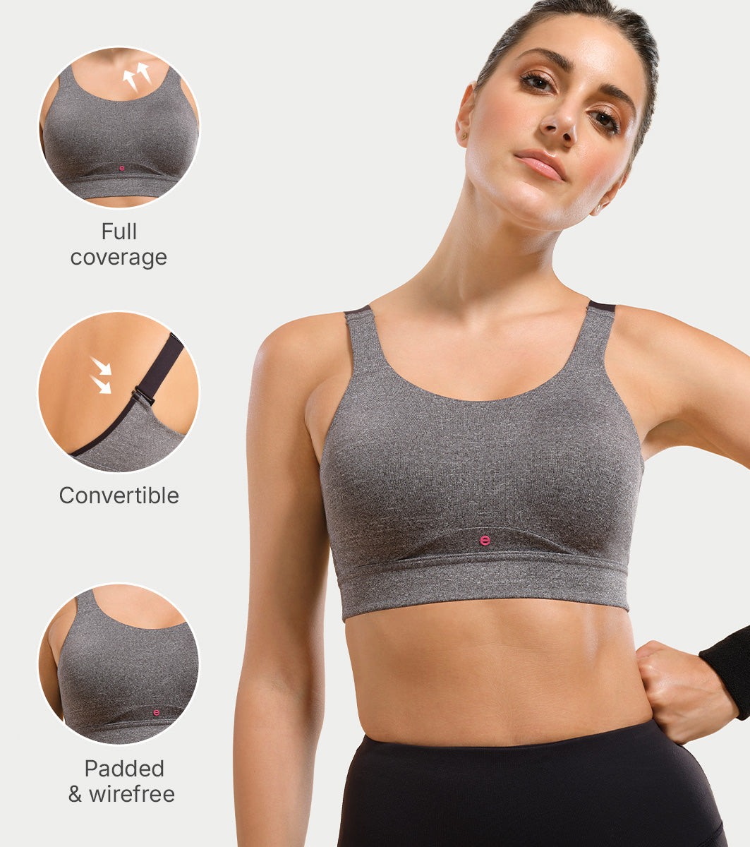 Enamor Innovations Fab-fresh Breathable cup, Women's High Impact Sports Bra - Convertible, Padded, Wirefree, Full Coverage - SB18 (Grey Melange)