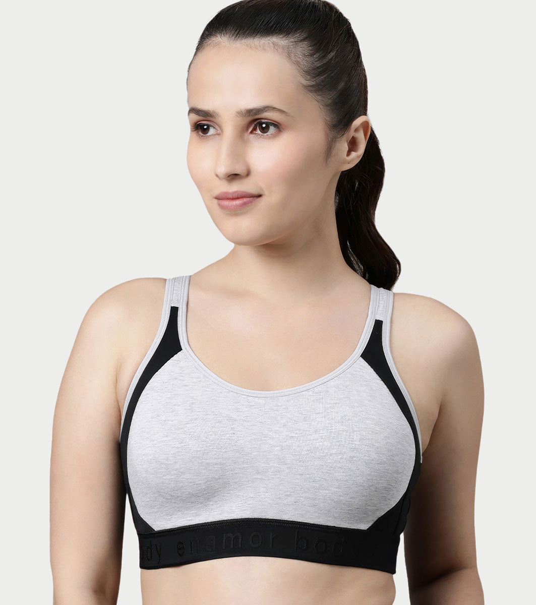 Enamor Innovations Antimicrobial, Side Shaper, Women's Cotton Medium Impact Sports Bra - Fixed cup, Non-Padded, Wirefree, High Coverage - SB28 (Grey Melange)