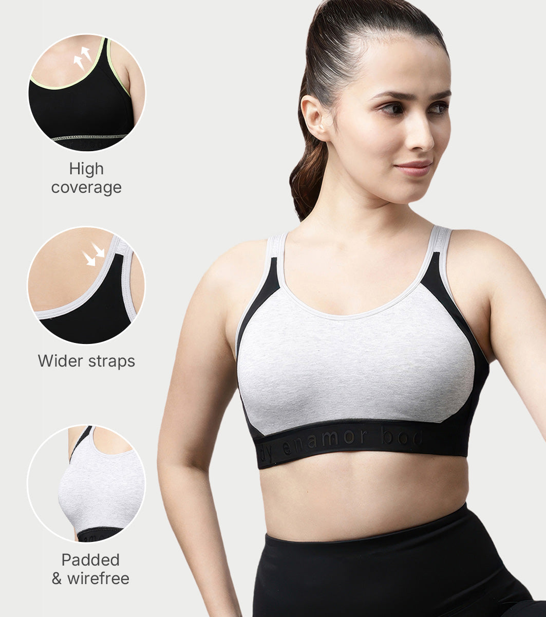 Enamor Innovations Antimicrobial, Side Shaper, Women's Cotton Medium Impact Sports Bra - Fixed cup, Non-Padded, Wirefree, High Coverage - SB28 (Grey Melange)