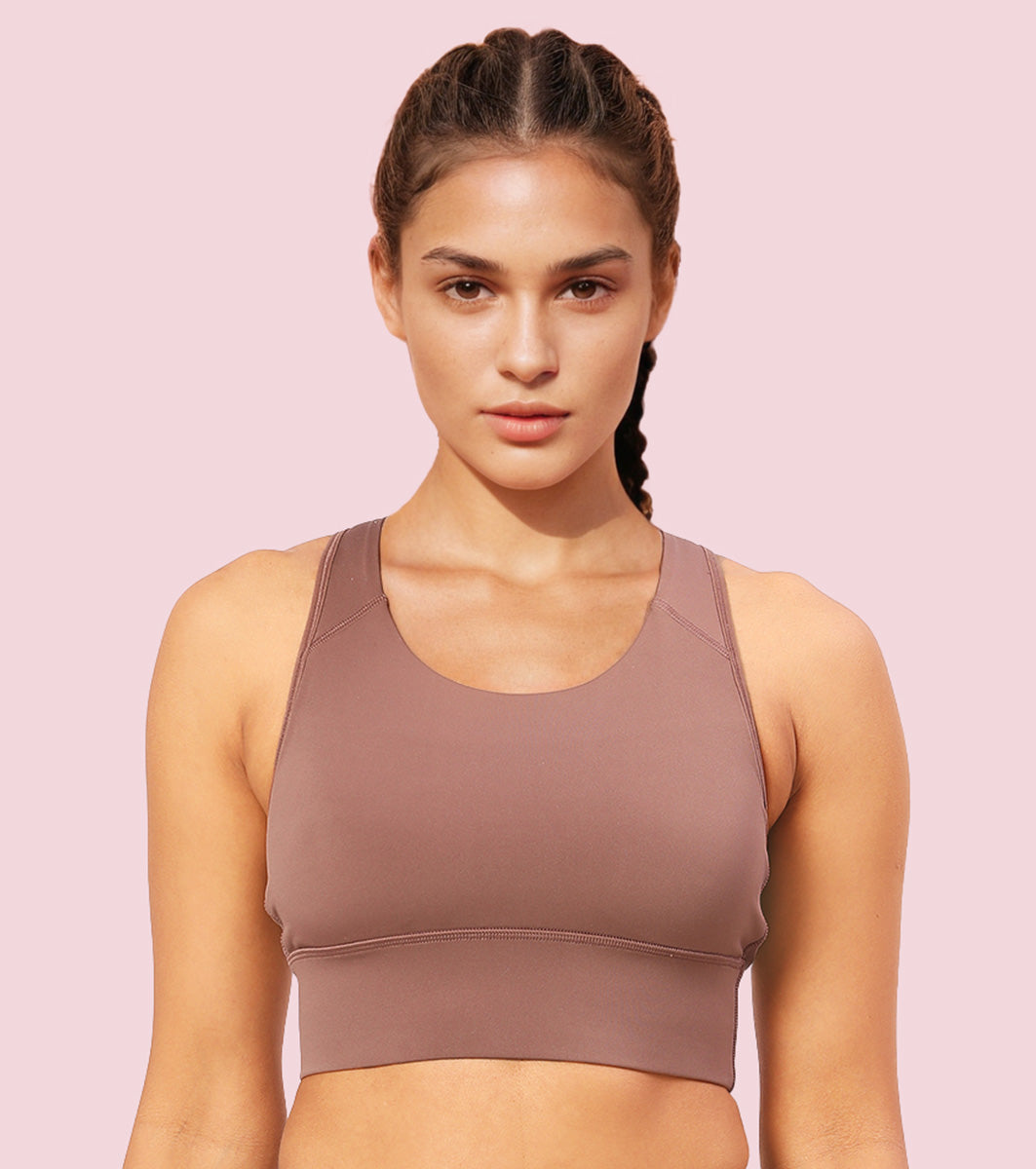 Enamor Wide Straps Seamed T-back Basic Workout Sports Bra - Quick Dry, Antimicrobial, Removable Padding, Non-Wired, Full Coverage - A202 (Nutmeg)