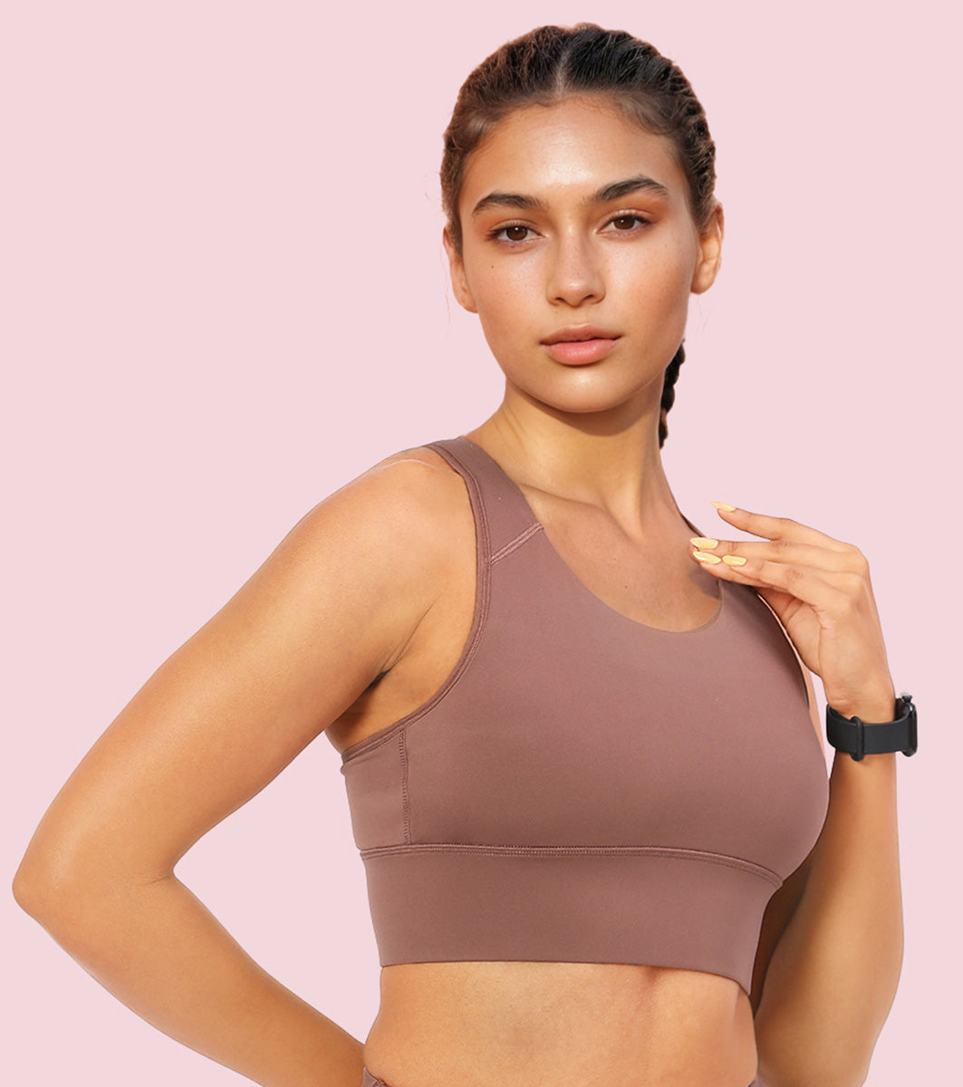 Enamor Wide Straps Seamed T-back Basic Workout Sports Bra - Quick Dry, Antimicrobial, Removable Padding, Non-Wired, Full Coverage - A202 (Nutmeg)