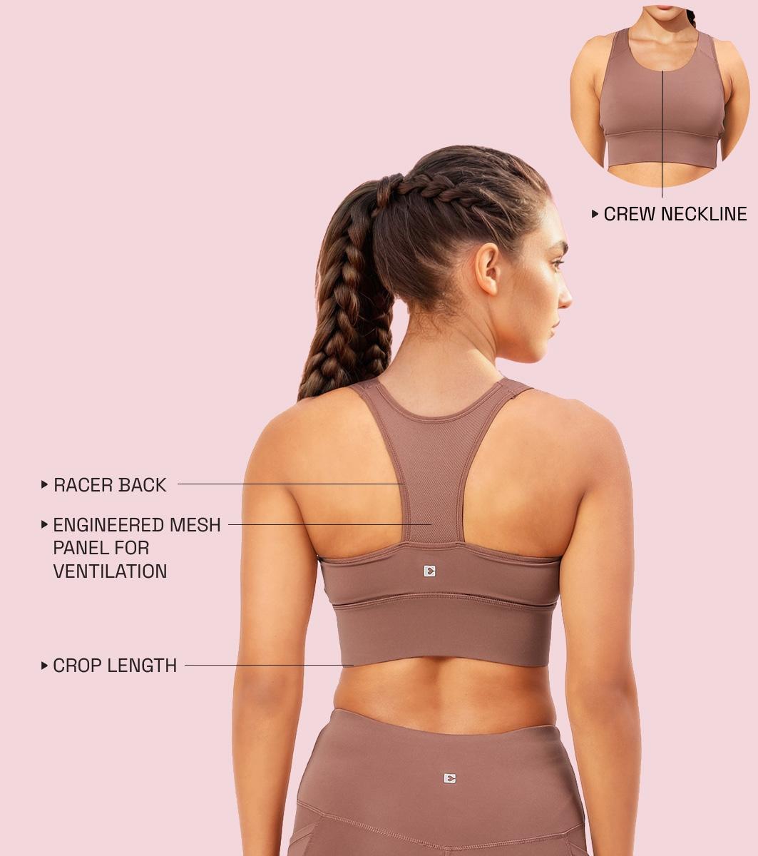 Enamor Wide Straps Seamed T-back Basic Workout Sports Bra - Quick Dry, Antimicrobial, Removable Padding, Non-Wired, Full Coverage - A202 (Nutmeg)