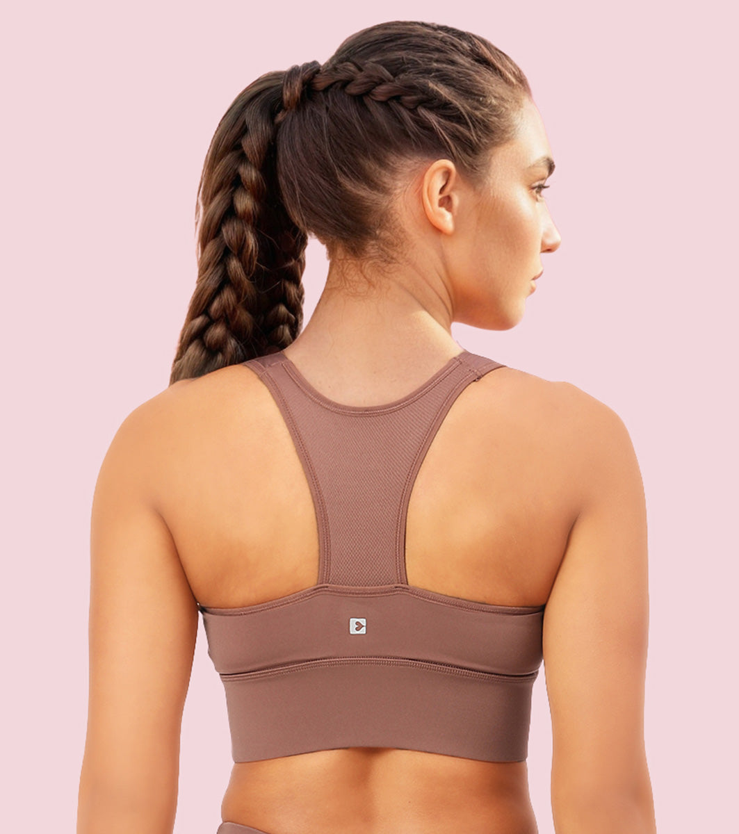 Enamor Wide Straps Seamed T-back Basic Workout Sports Bra - Quick Dry, Antimicrobial, Removable Padding, Non-Wired, Full Coverage - A202 (Nutmeg)