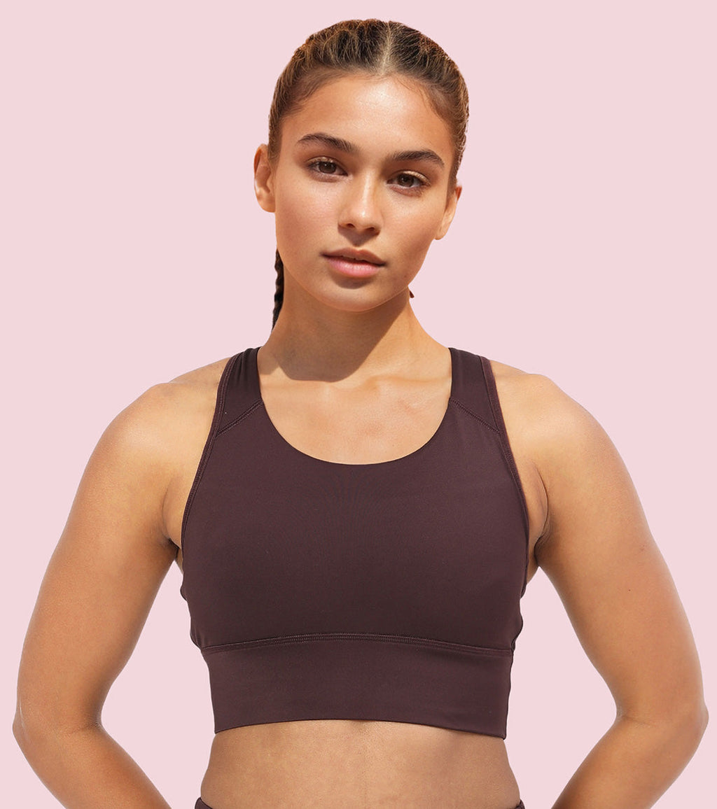 Enamor Wide Straps Seamed T-back Basic Workout Sports Bra - Quick Dry, Antimicrobial, Removable Padding, Non-Wired, Full Coverage - A202 (Choco Fudge)