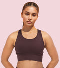 Enamor Wide Straps Seamed T-back Basic Workout Sports Bra - Quick Dry, Antimicrobial, Removable Padding, Non-Wired, Full Coverage - A202 (Choco Fudge)