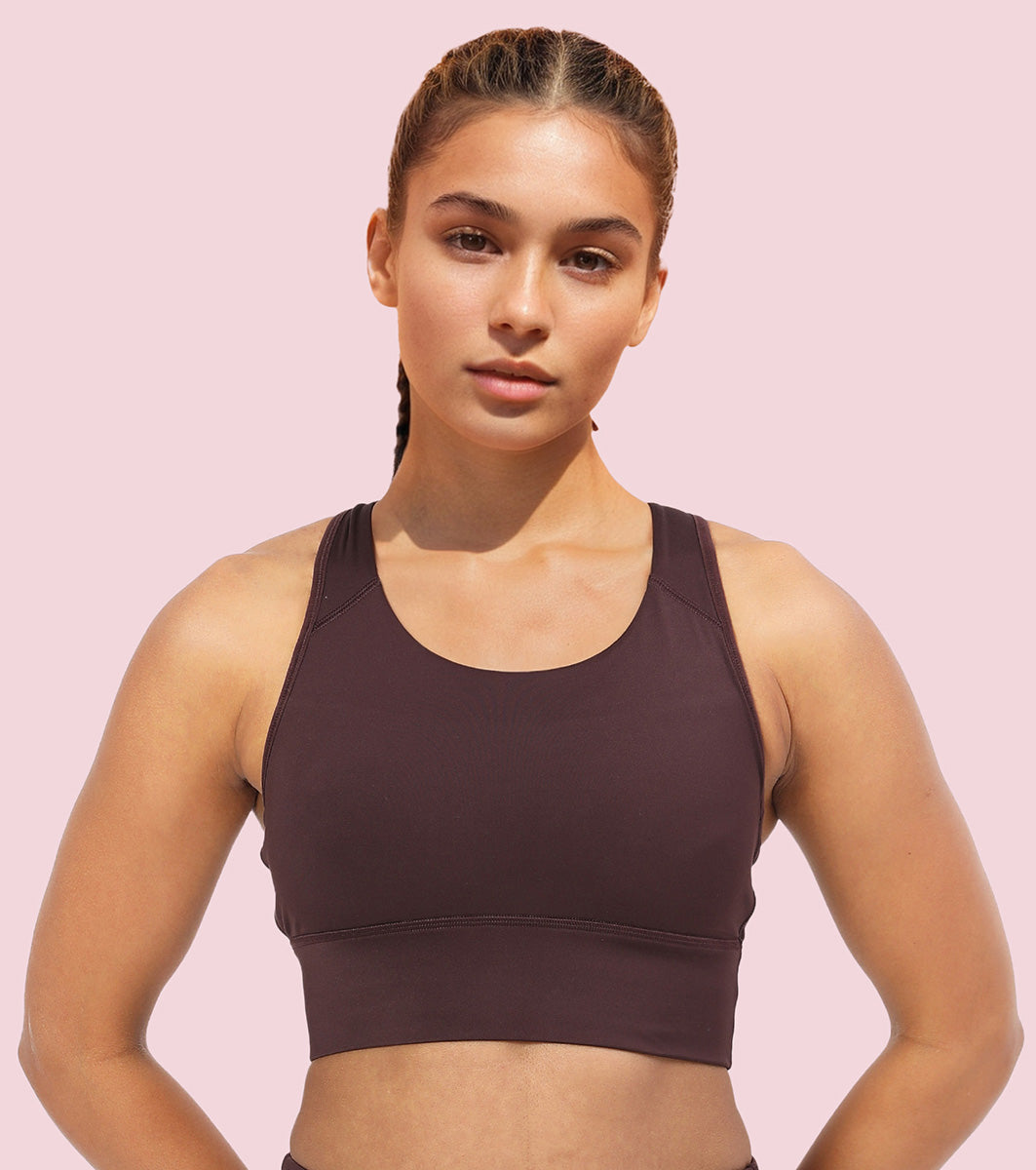 Enamor Wide Straps Seamed T-back Basic Workout Sports Bra - Quick Dry, Antimicrobial, Removable Padding, Non-Wired, Full Coverage - A202 (Choco Fudge)