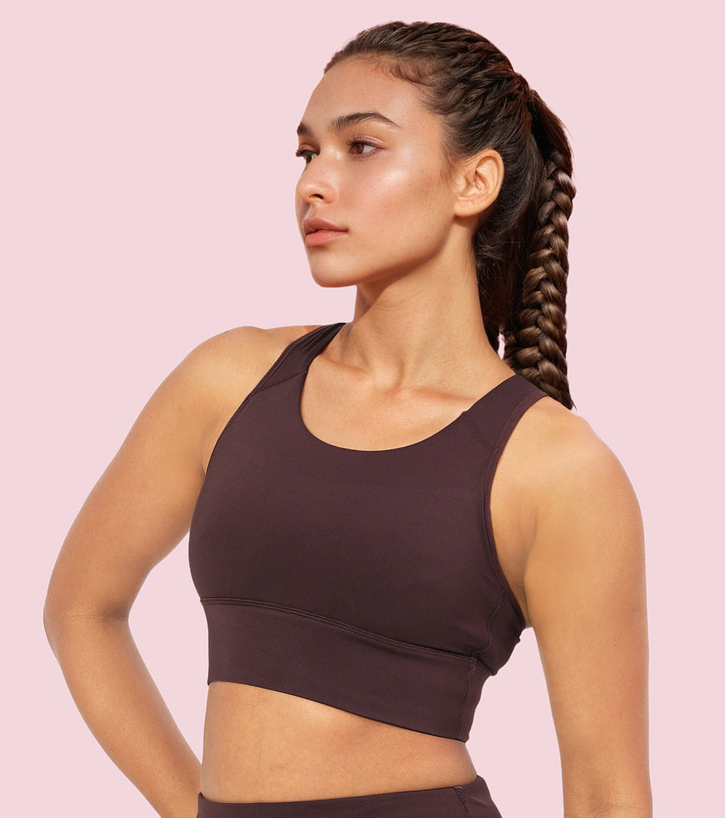 Enamor Wide Straps Seamed T-back Basic Workout Sports Bra - Quick Dry, Antimicrobial, Removable Padding, Non-Wired, Full Coverage - A202 (Choco Fudge)