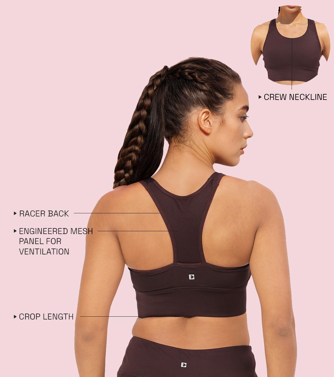Enamor Wide Straps Seamed T-back Basic Workout Sports Bra - Quick Dry, Antimicrobial, Removable Padding, Non-Wired, Full Coverage - A202 (Choco Fudge)