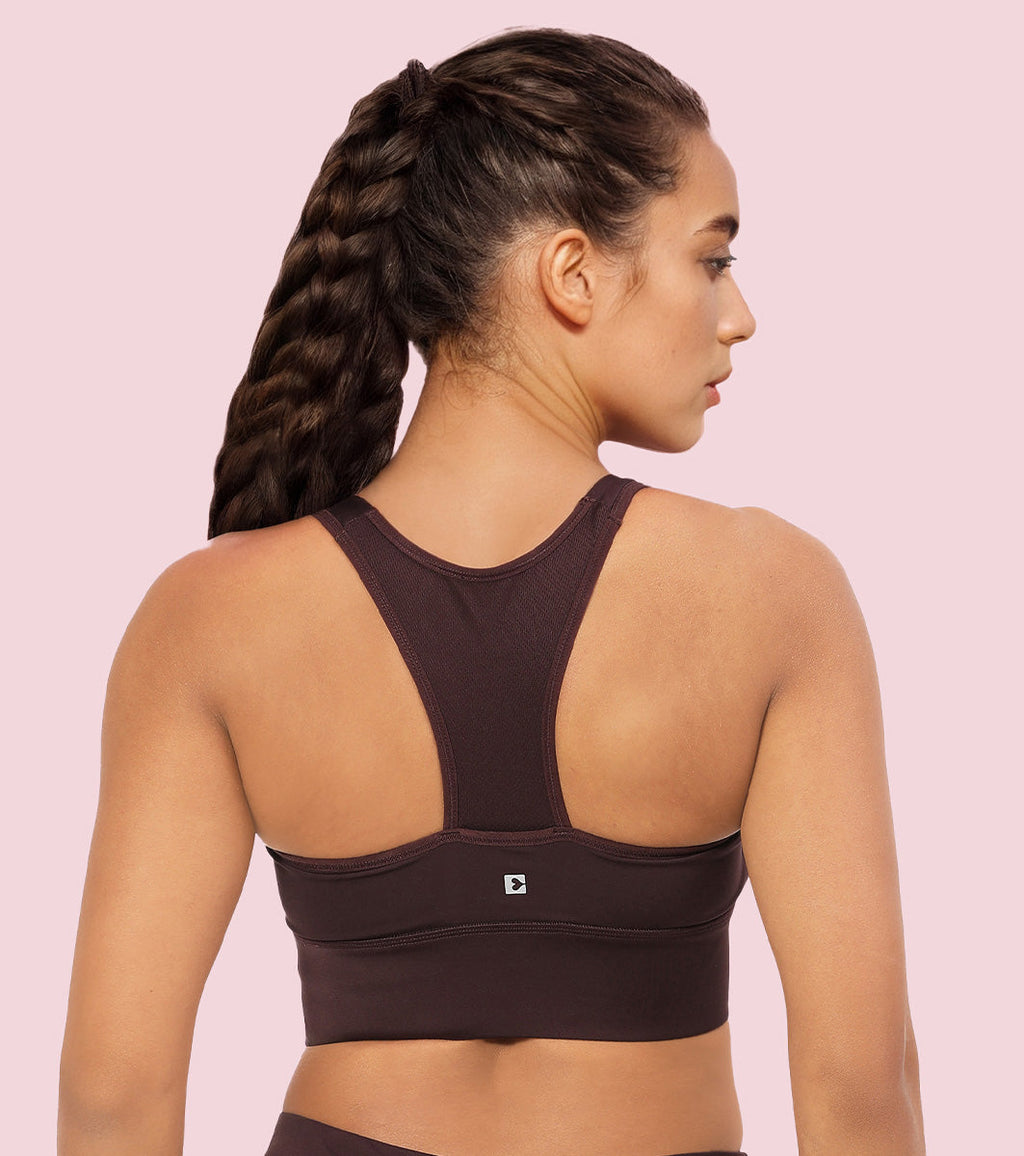 Enamor Wide Straps Seamed T-back Basic Workout Sports Bra - Quick Dry, Antimicrobial, Removable Padding, Non-Wired, Full Coverage - A202 (Choco Fudge)
