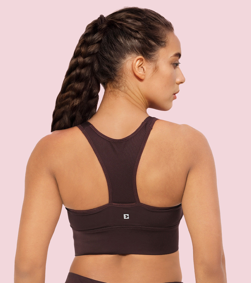 Enamor Wide Straps Seamed T-back Basic Workout Sports Bra - Quick Dry, Antimicrobial, Removable Padding, Non-Wired, Full Coverage - A202 (Choco Fudge)