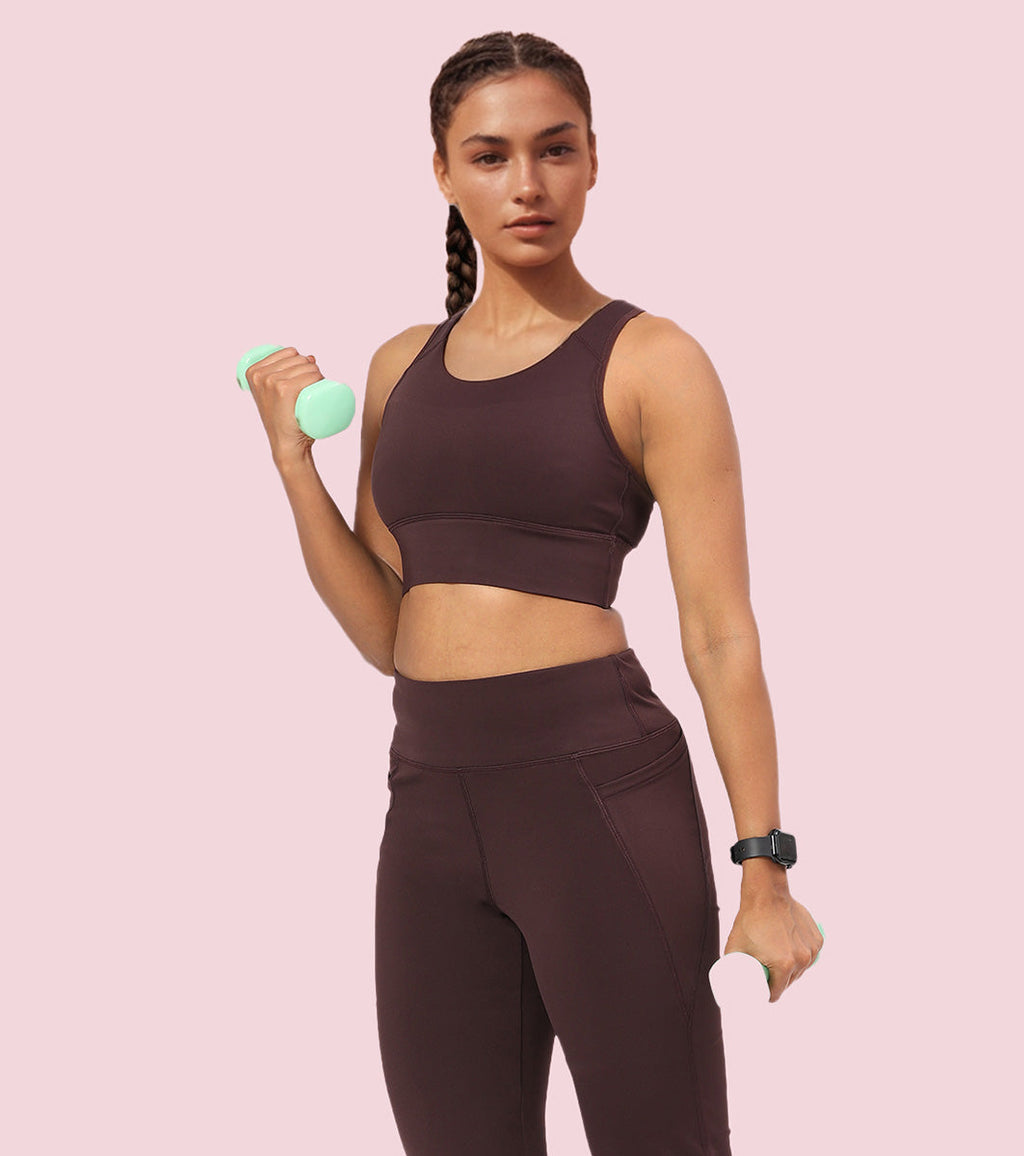 Enamor Wide Straps Seamed T-back Basic Workout Sports Bra - Quick Dry, Antimicrobial, Removable Padding, Non-Wired, Full Coverage - A202 (Choco Fudge)