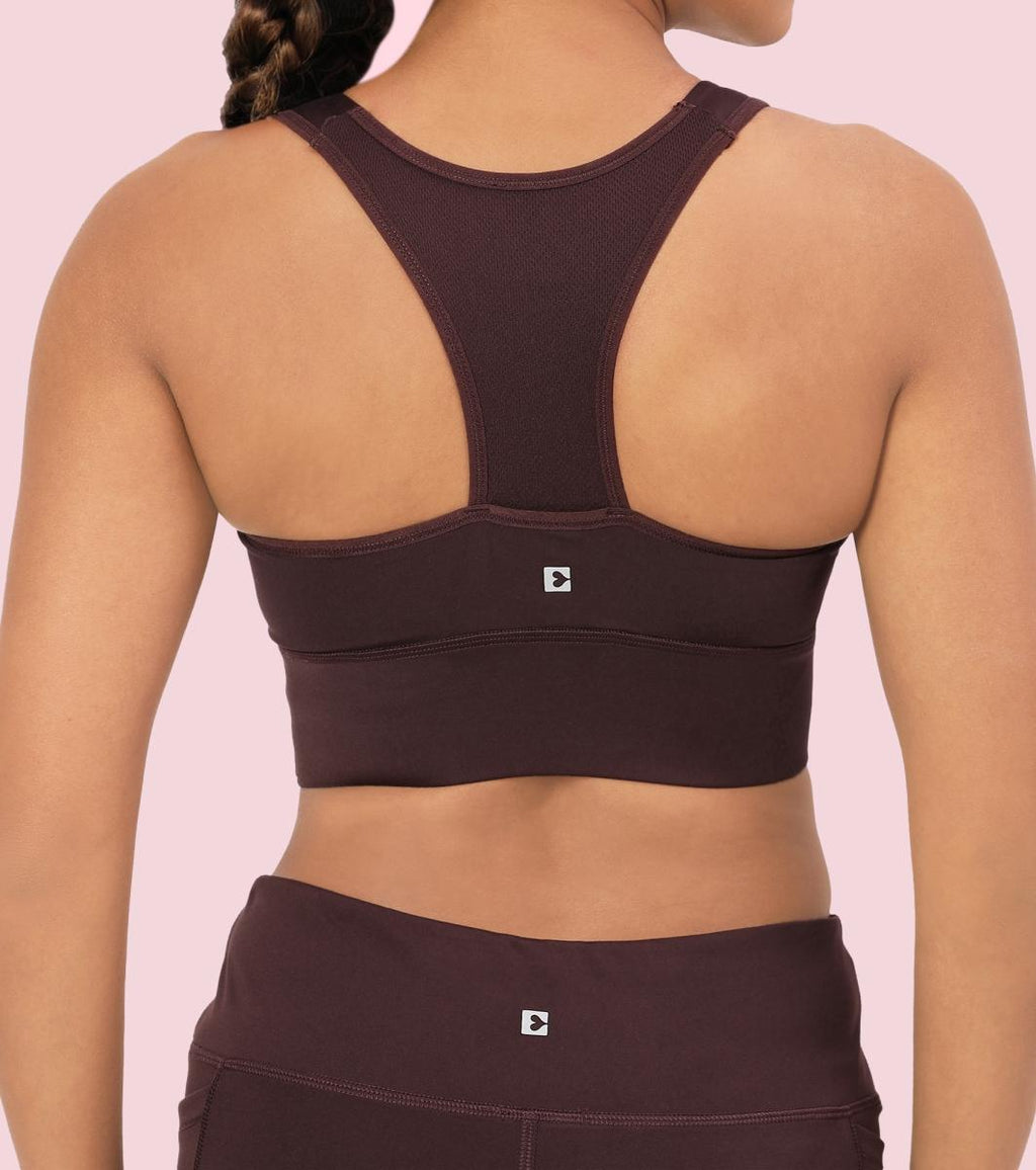Enamor Wide Straps Seamed T-back Basic Workout Sports Bra - Quick Dry, Antimicrobial, Removable Padding, Non-Wired, Full Coverage - A202 (Choco Fudge)