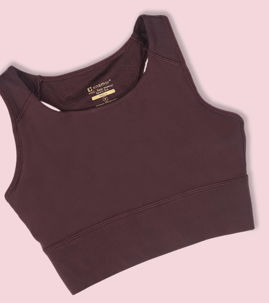 Enamor Wide Straps Seamed T-back Basic Workout Sports Bra - Quick Dry, Antimicrobial, Removable Padding, Non-Wired, Full Coverage - A202 (Choco Fudge)