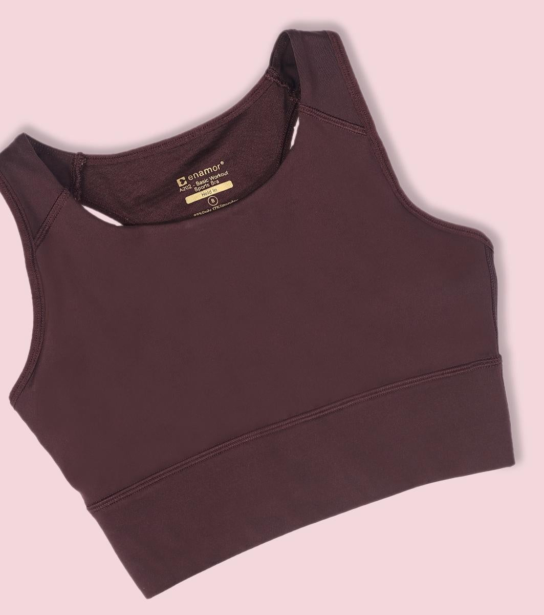 Enamor Wide Straps Seamed T-back Basic Workout Sports Bra - Quick Dry, Antimicrobial, Removable Padding, Non-Wired, Full Coverage - A202 (Choco Fudge)