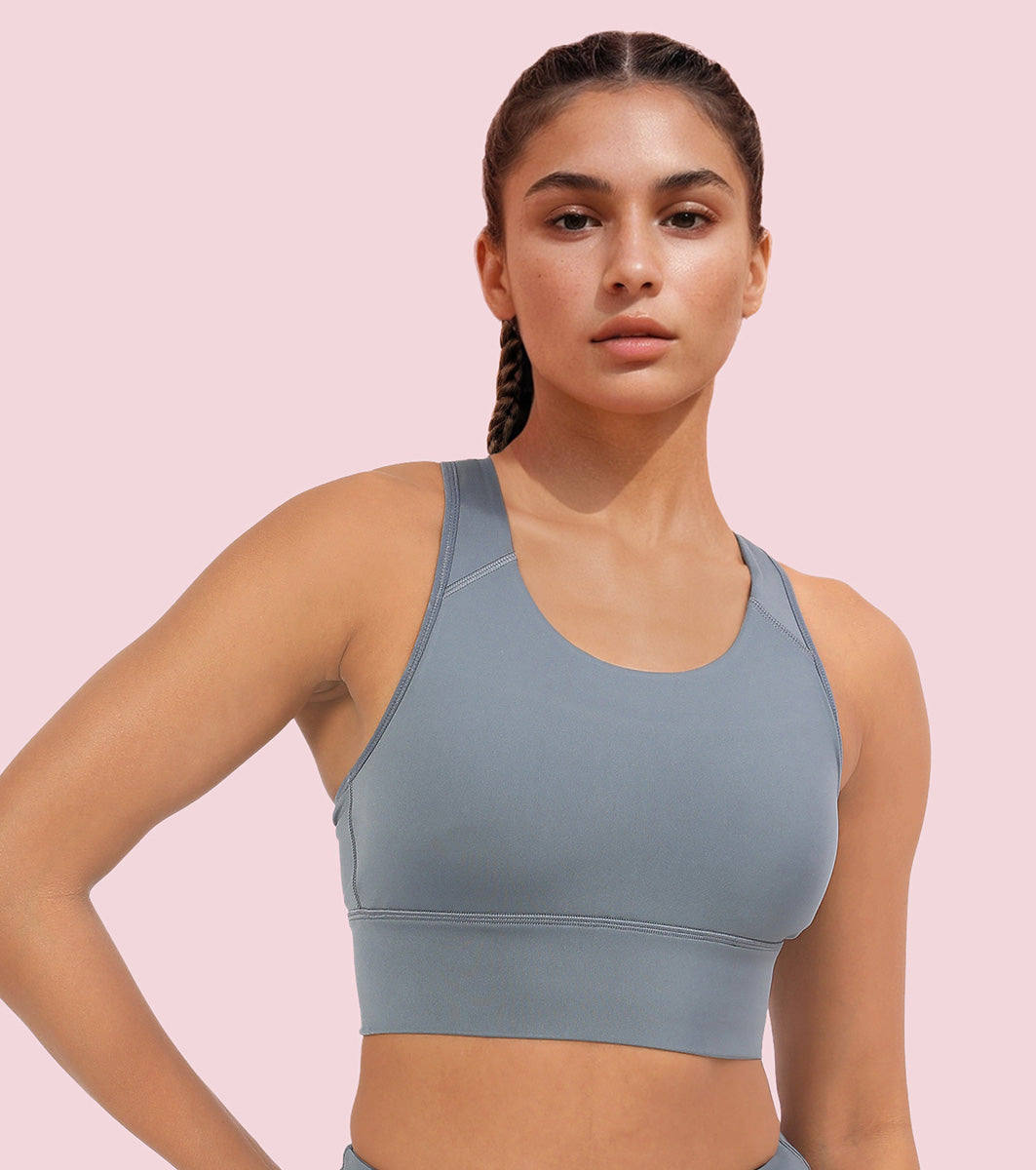 Enamor Wide Straps Seamed T-back Basic Workout Sports Bra - Quick Dry, Antimicrobial, Removable Padding, Non-Wired, Full Coverage - A202 (Cloud Grey)