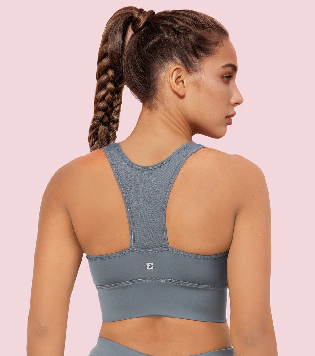 Enamor Wide Straps Seamed T-back Basic Workout Sports Bra - Quick Dry, Antimicrobial, Removable Padding, Non-Wired, Full Coverage - A202 (Cloud Grey)
