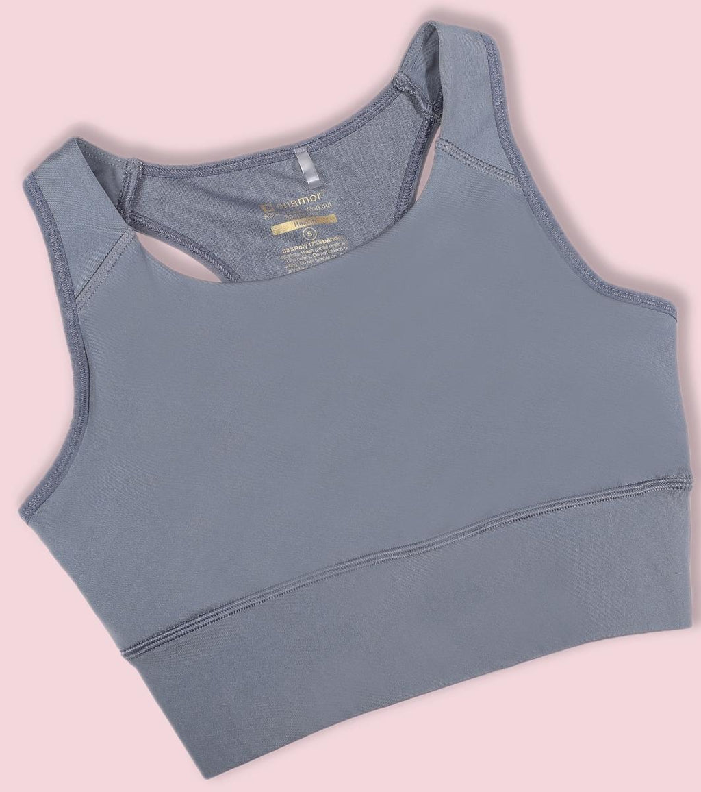 Enamor Wide Straps Seamed T-back Basic Workout Sports Bra - Quick Dry, Antimicrobial, Removable Padding, Non-Wired, Full Coverage - A202 (Cloud Grey)