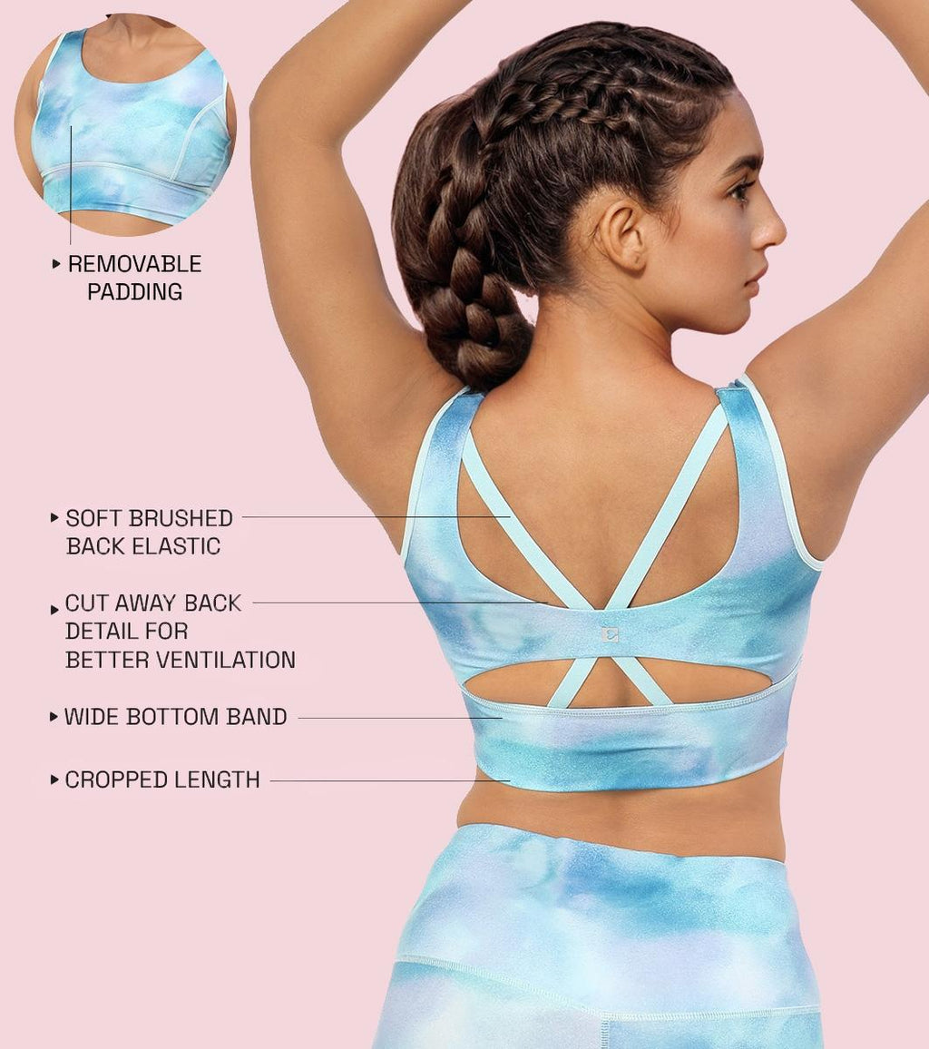 Enamor Cutaway Back Detail Quick Dry Printed Sports Bra - Removable Padding, Non-Wired, Medium Coverage - A204 (Galaxy Splatter Prt)
