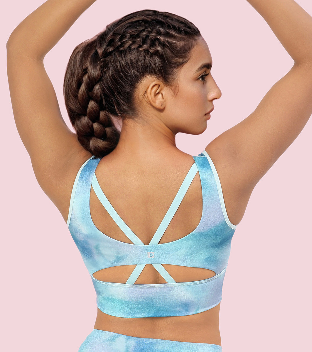 Enamor Cutaway Back Detail Quick Dry Printed Sports Bra - Removable Padding, Non-Wired, Medium Coverage - A204 (Galaxy Splatter Prt)