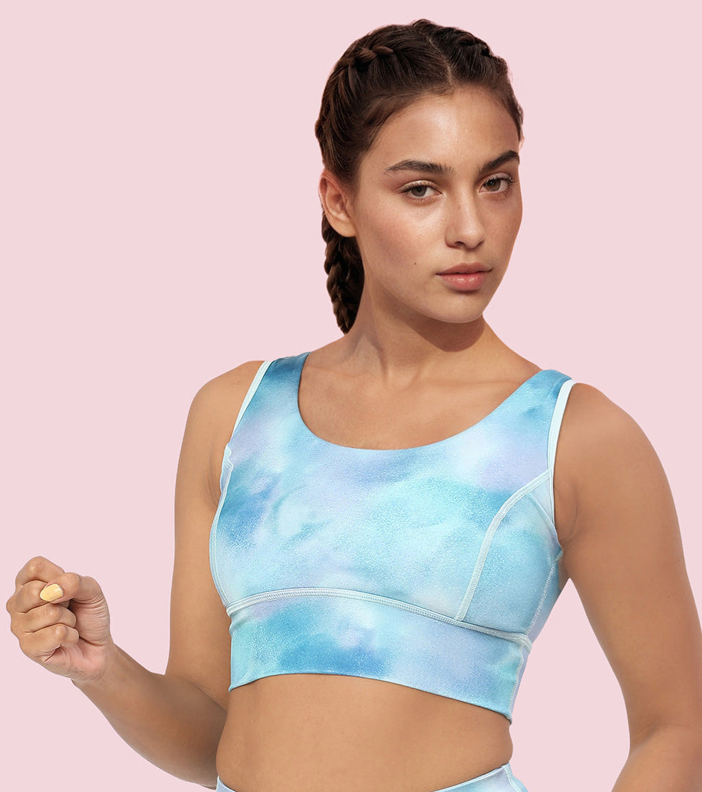 Enamor Cutaway Back Detail Quick Dry Printed Sports Bra - Removable Padding, Non-Wired, Medium Coverage - A204 (Galaxy Splatter Prt)