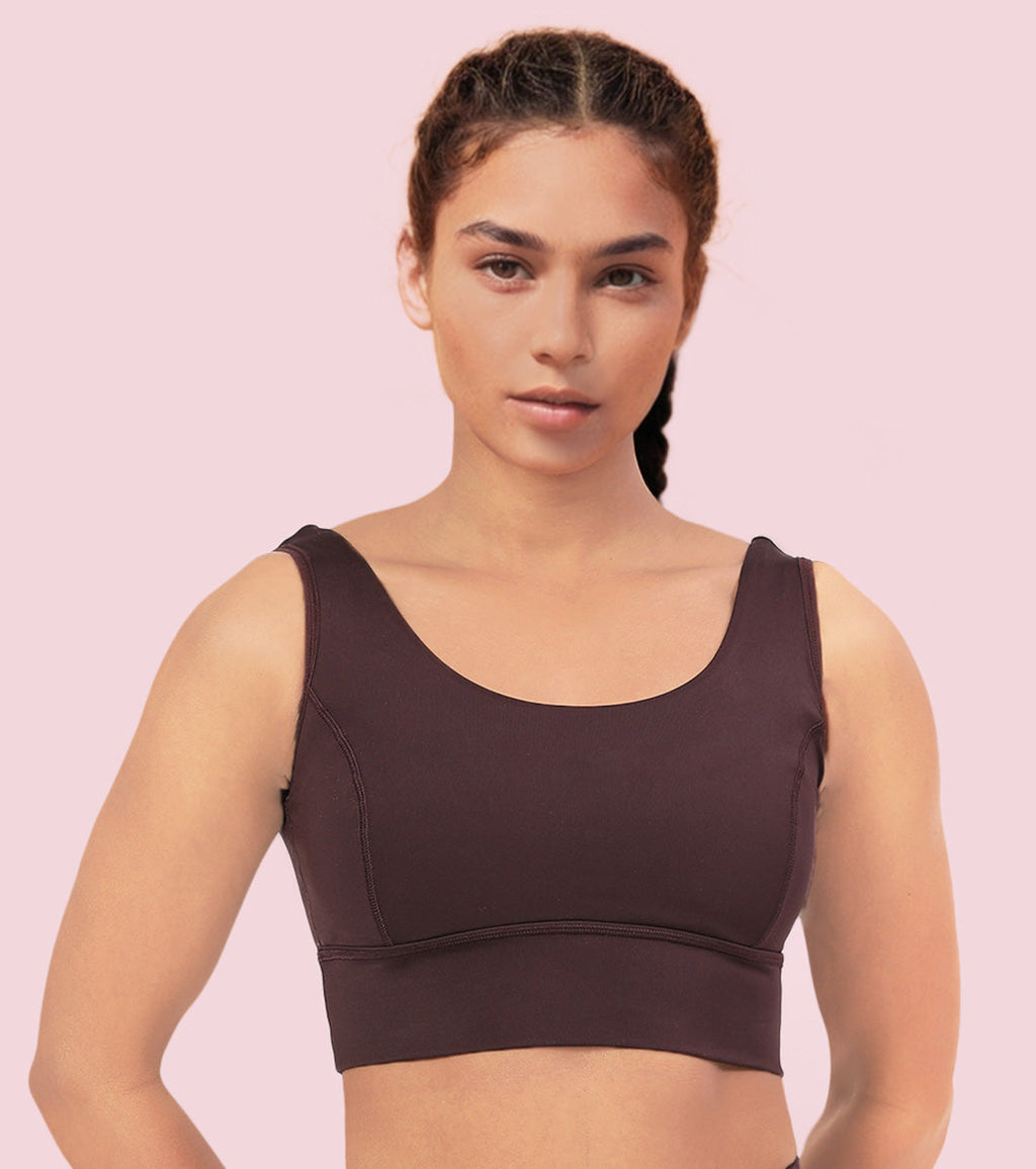 Enamor Sleeveless Crew Neck Crop length Pull On Sports Bra For Women - Hugged Fit, Cut Away Back Detail - A206 (Choco Fudge)
