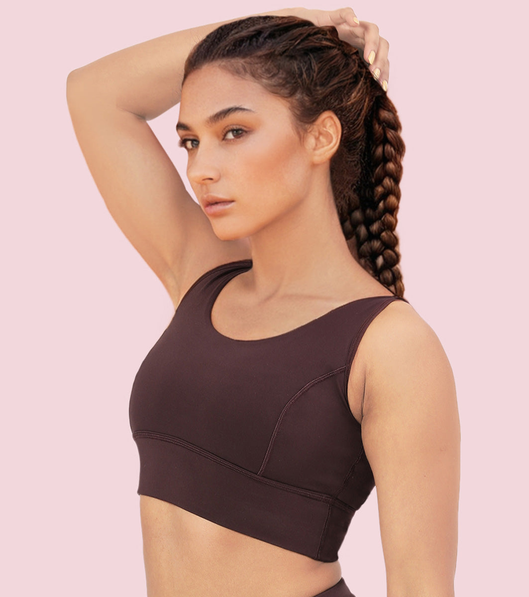 Enamor Sleeveless Crew Neck Crop length Pull On Sports Bra For Women - Hugged Fit, Cut Away Back Detail - A206 (Choco Fudge)