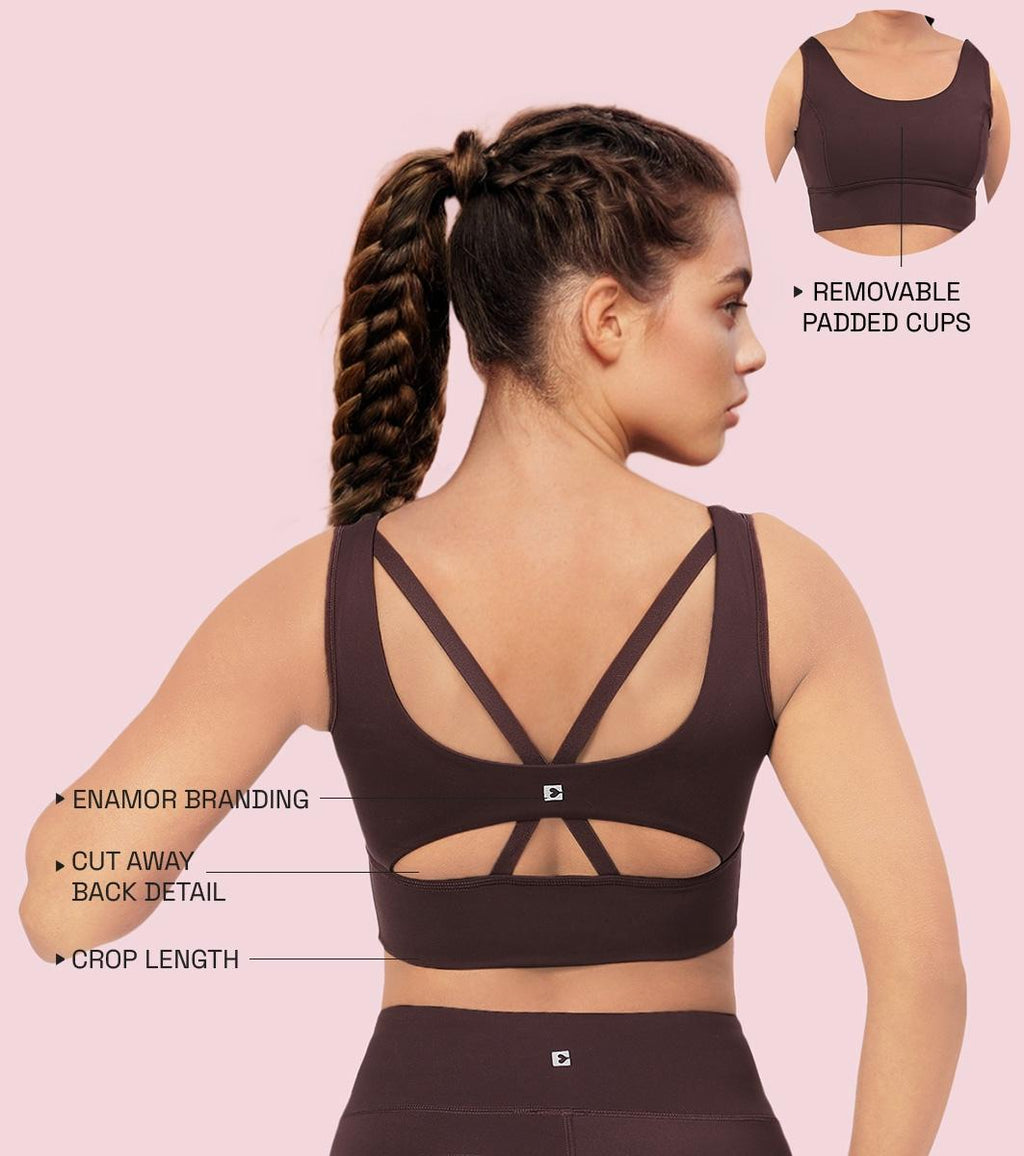 Enamor Sleeveless Crew Neck Crop length Pull On Sports Bra For Women - Hugged Fit, Cut Away Back Detail - A206 (Choco Fudge)
