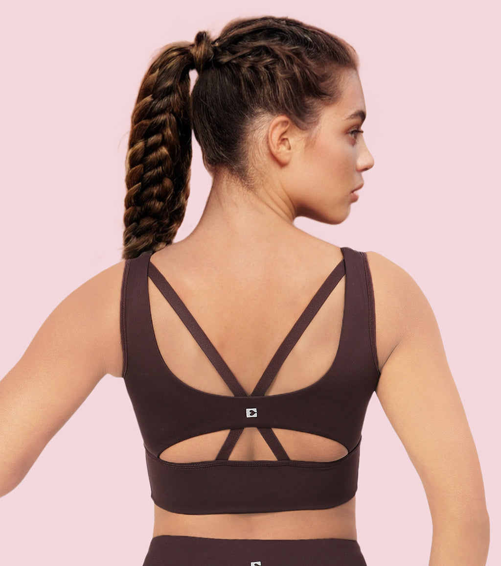 Enamor Sleeveless Crew Neck Crop length Pull On Sports Bra For Women - Hugged Fit, Cut Away Back Detail - A206 (Choco Fudge)