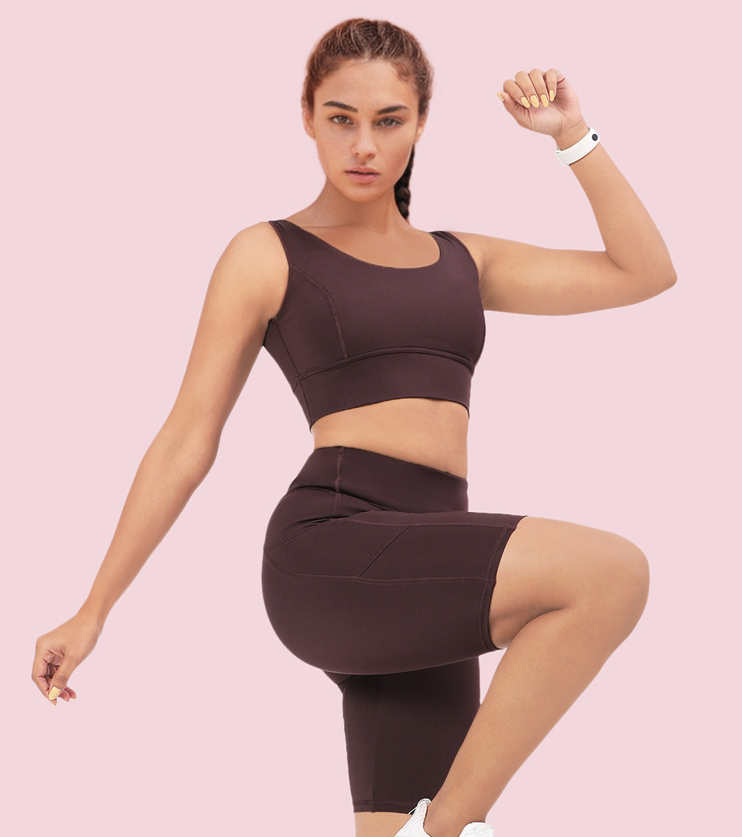 Enamor Sleeveless Crew Neck Crop length Pull On Sports Bra For Women - Hugged Fit, Cut Away Back Detail - A206 (Choco Fudge)
