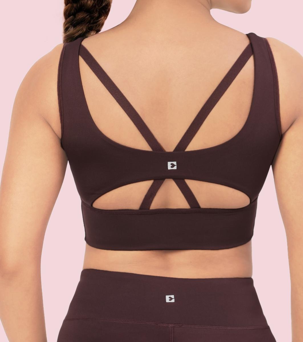 Enamor Sleeveless Crew Neck Crop length Pull On Sports Bra For Women - Hugged Fit, Cut Away Back Detail - A206 (Choco Fudge)