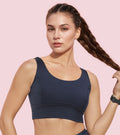 Enamor Sleeveless Crew Neck Crop length Pull On Sports Bra For Women - Hugged Fit, Cut Away Back Detail - A206 (Navy)